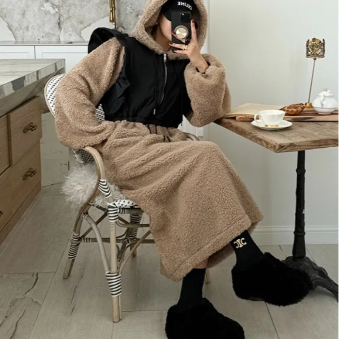 여성용 롱 보온 양털 후드 드레스 한국 스타일 출퇴근 패션 빈티지 디자인 겨울 롱 스커트