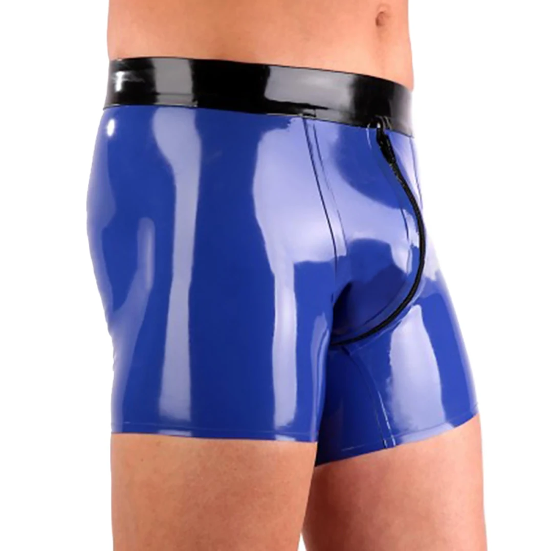 

Sexy Latex Gummi Mans Boxer Dark Blue and Black Trims Rubber Shorts with Crotch Zip Underwear Custom Made Underpants RPM132