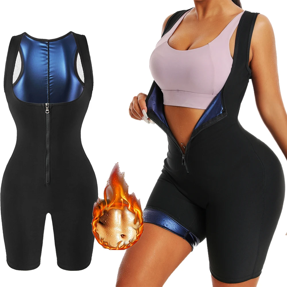 Women Sauna Sweat Bodysuit One Piece Zipper Jumpsuit Shapewear Waist Trainer Compression Slimming Tummy Body Shaper Shorts