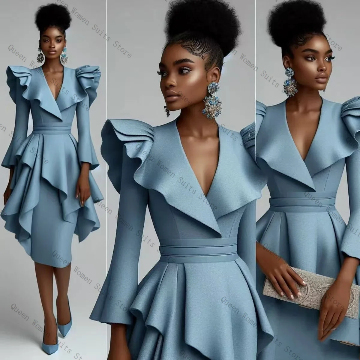 

Light Blue Women Suit Skirt Set 2 Pcs Blazer+Prom Dress Ruffles Hem Cotton Formal Office Lady Jacket Wedding Coat Customized