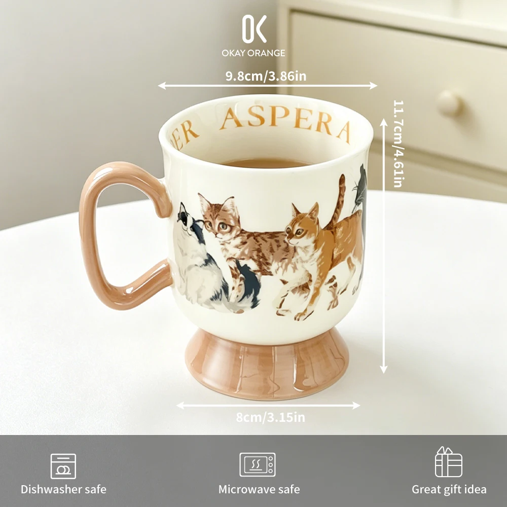 Vintage Cat Ceramic Coffee Mug Large Capacity Porcelain Tea Cup Luxury Letter Printing High Foot Water Cup Milk Latte Mug 410ml
