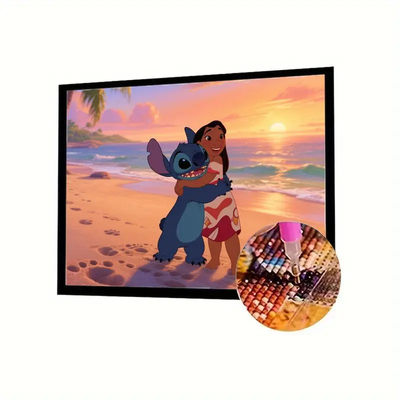 

1 шт. 5D Full Drill Diamond Painting Kit - Disney Lilo & Stitch Hugging on Tropical Sunset Beach Scene, DIY Crystal Diamond Art Cr