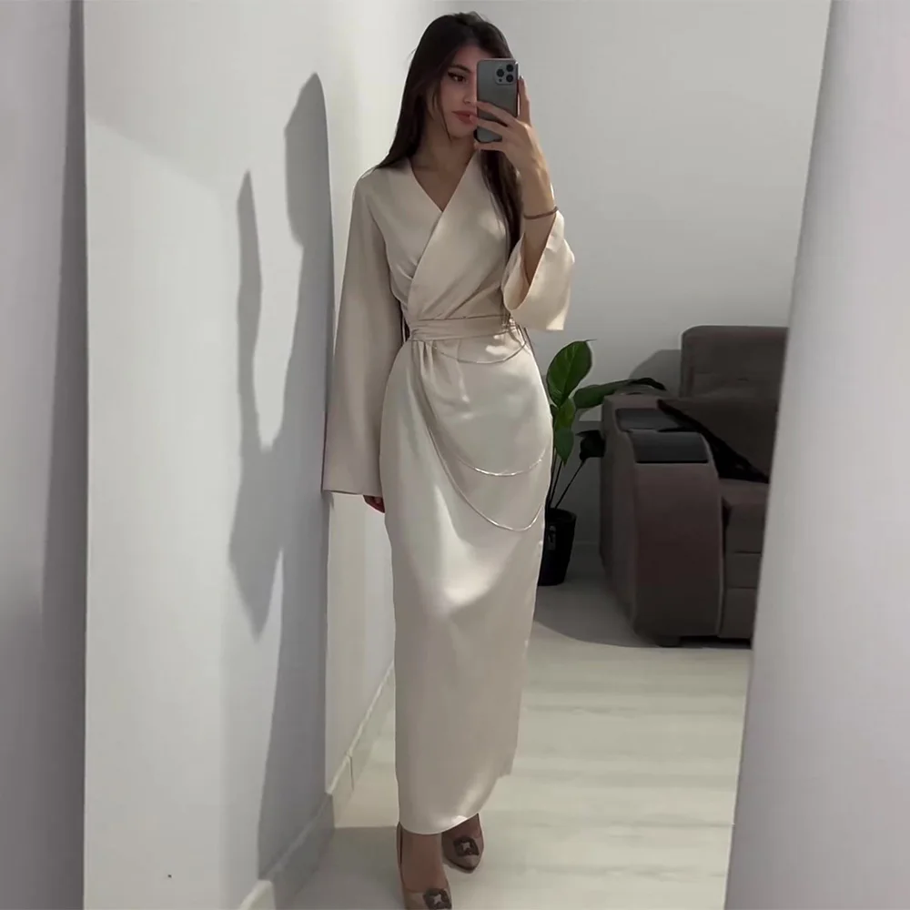 Satin Elegant Solid Long Dress Women V Collar Lace Up Long Sleeve Dresses with Metal Chain Female 2024 Spring Autumn Lady Robe