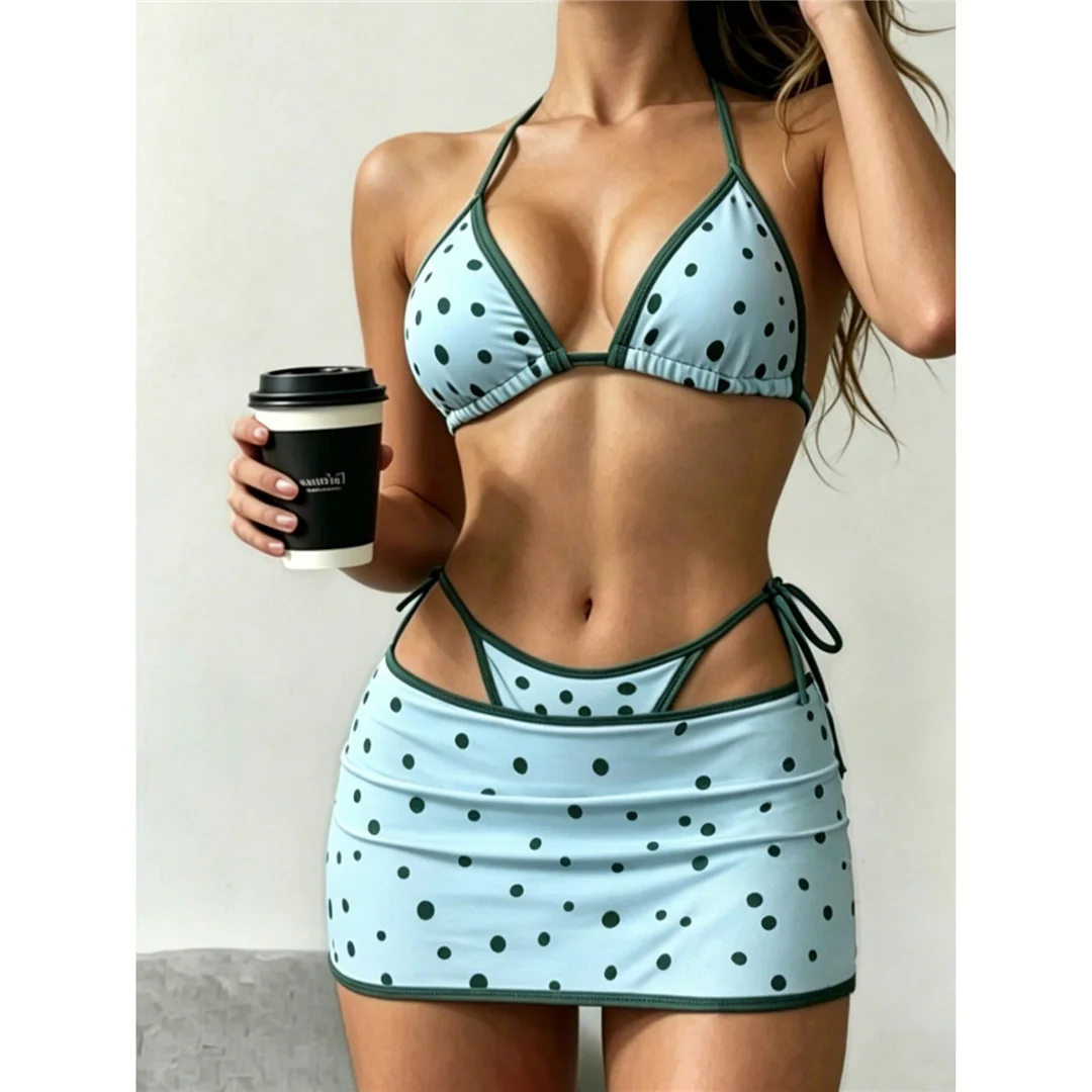 Mit Rock, Polka-Dot-Muster, Neckholder-Bikini, Damen-Badeanzug, dreiteiliges Bikini-Set, Badeanzug mit Trägern, Badebekleidung, Badeanzug V8380 – Detail 8