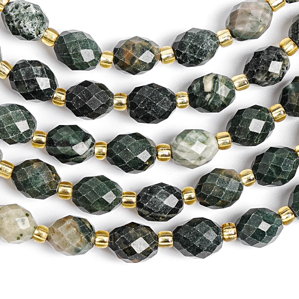 

8mm Faceted Green Tree Agate Rice Beads Natural Loose Gemstone Beads Wood Grain Crystal Spacer Beads for Bracelets Necklaces