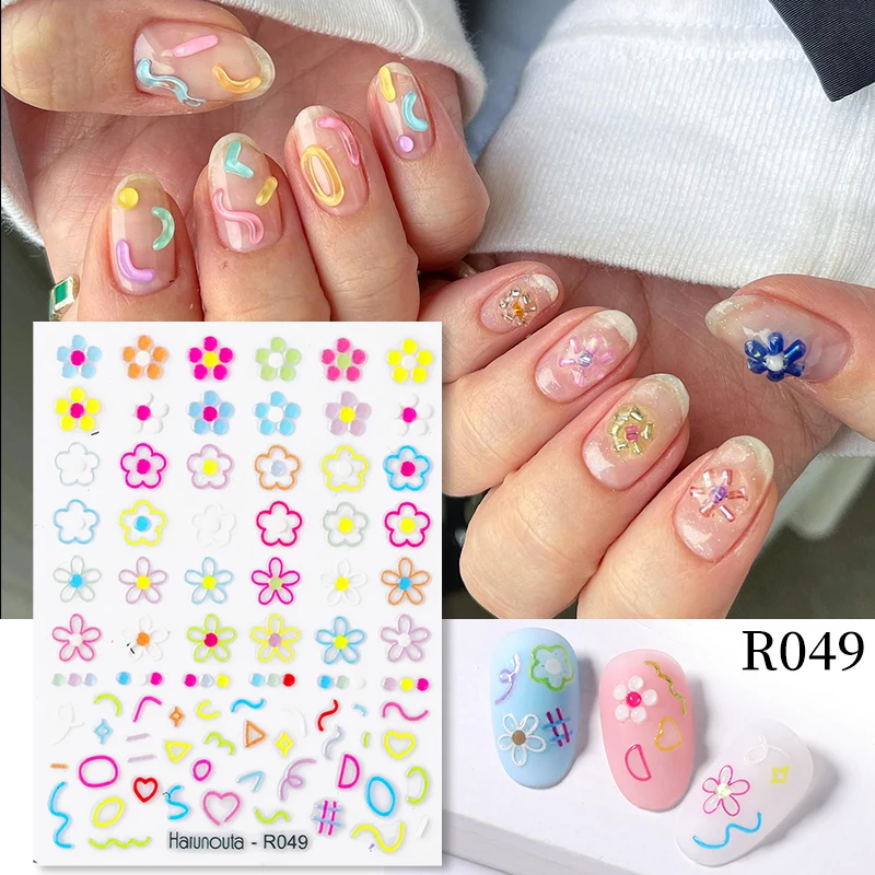 Harunouta Lace Flower Acrylic Embossed 5D Nail Stickers Jellycolor Floral Geometric Sliders Autumn Winter Adhesive Nail Decals