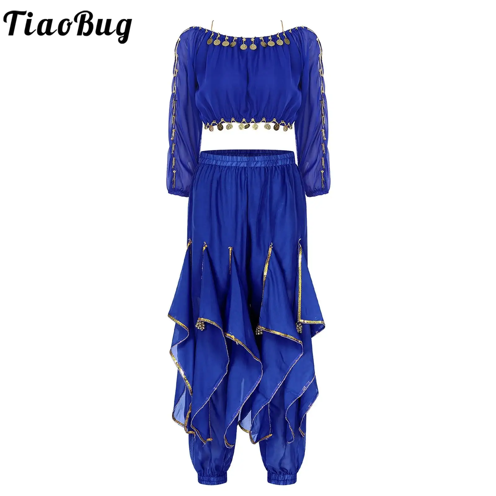 

Women Belly Dance Performance Party Carnival Outfit Costume bellydance Sequin Long Sleeve Crop Top and Trim Ruffles Pants