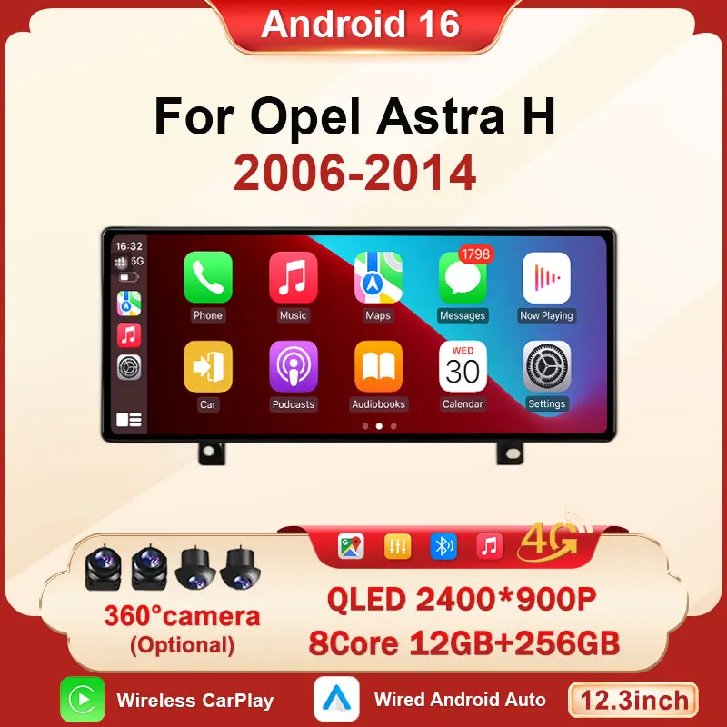 

12.3-дюймовый автомобильный радиоприемник для Opel Astra H 2006-2014, интеллектуальный мультимедийный проигрыватель на Android 16, стереосистема с GPS-навигацией, Android Auto, CarPlay.