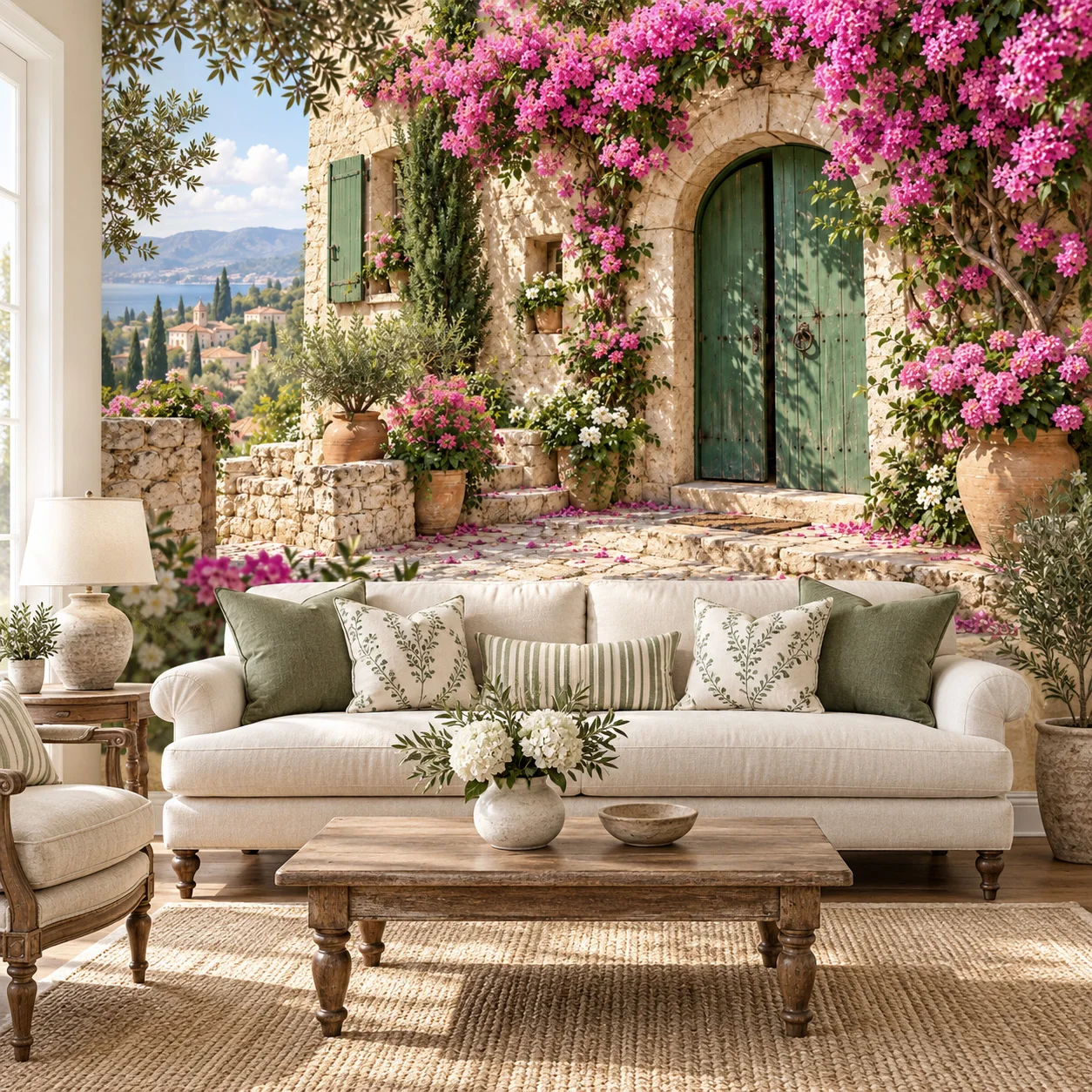 Mediterranean Flower Wallpaper Mural Bougainvillea Stone Home Garden Wall Art Living Room Non Self Adhesive Scenic Wall Decor