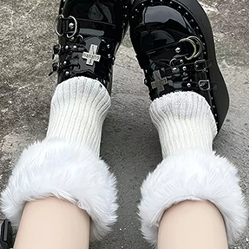 

1/2 пары вязаных плюшевых гетр, женские вязаные крючком зимние сапоги в стиле Лолиты из искусственного меха с манжетами, носки для девочек, модные чулки с петлями, чехлы для ног