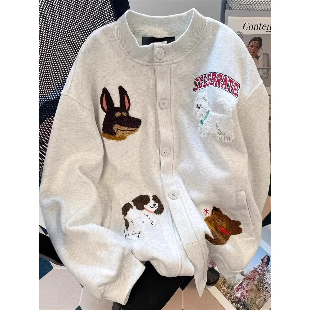 

Мужская толстовка-бомбер оверсайз в американском ретро-стиле с вышивкой собаки, свободного кроя, в стиле Гонконг, модная