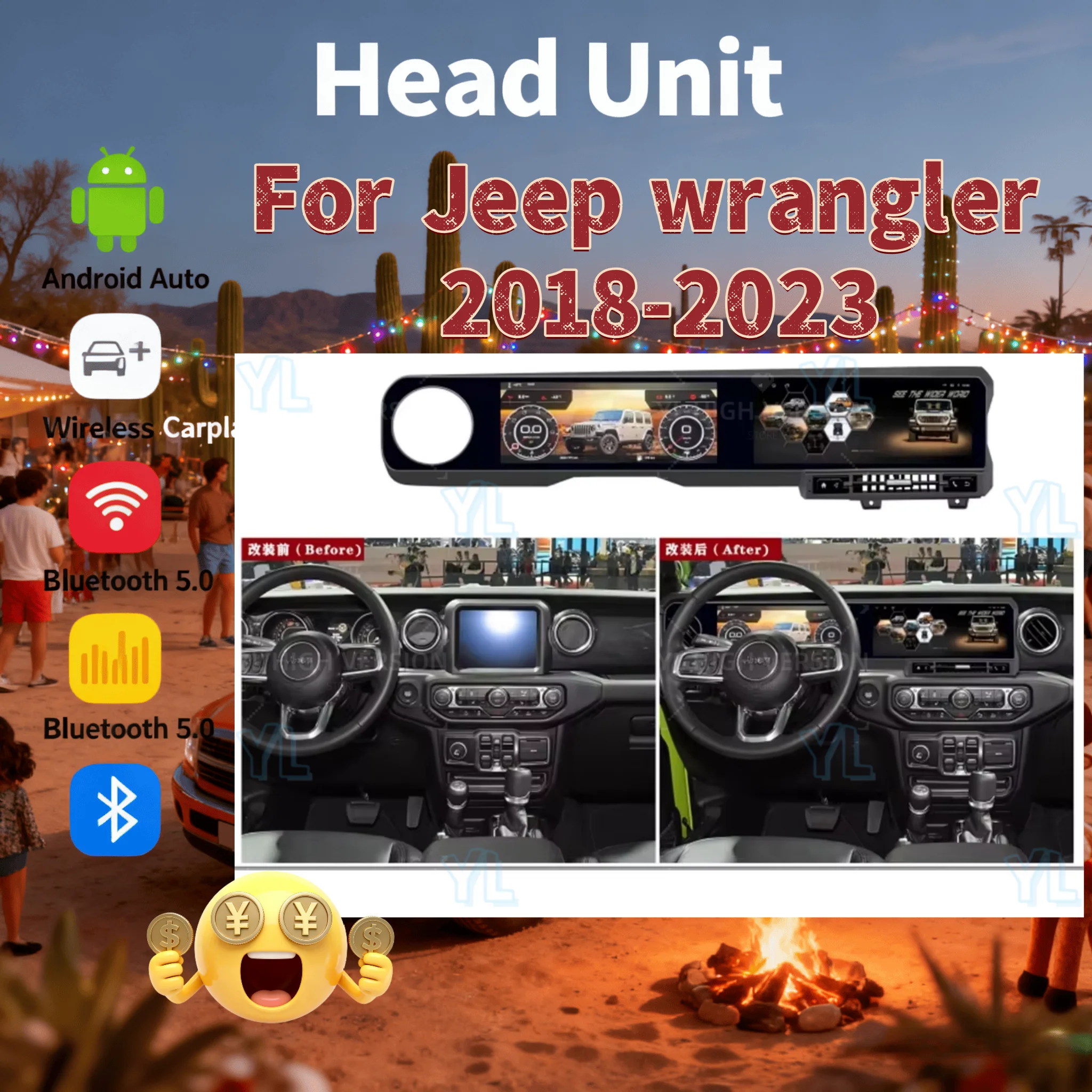 

CarPlay Android 13 Auto Car Radio For Jeep Wrangler JL 2018 2019 2020 2021 2022 2023 Gladiator Dual Screen Digital Dash Headunit