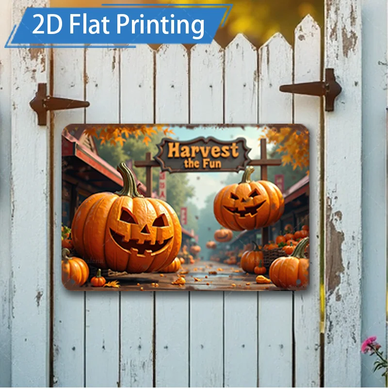 1pc 8x12inch Metal Sign "Harvest Fun Pumpkin Scene Metal Sign - Rustic Farmhouse Decor"