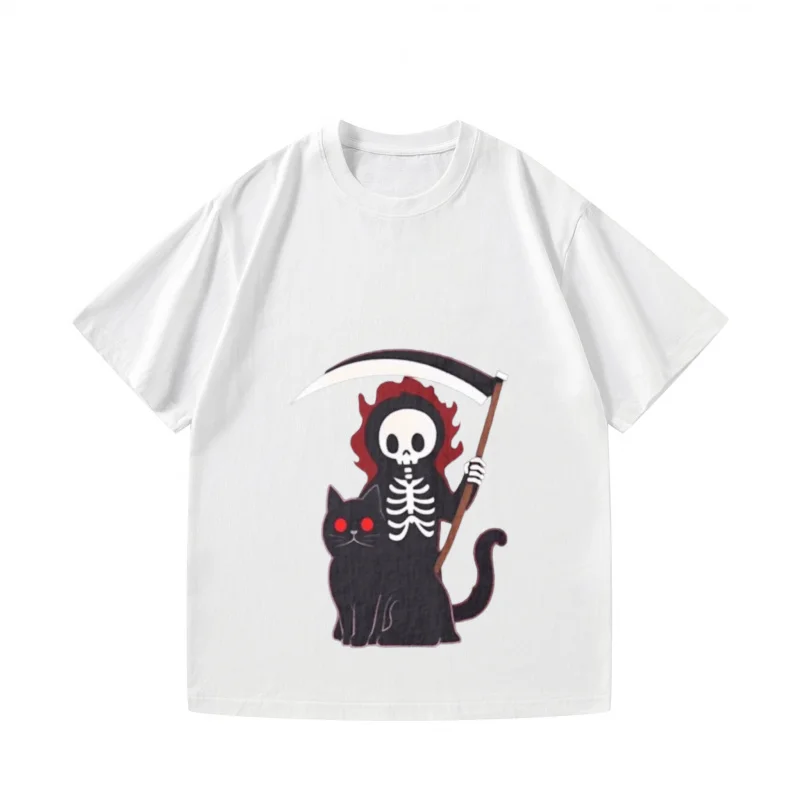 تي شيرت رجالي أسود Grim Reaper & Cat مطبوع كاجوال لحفلات الهالوين قمة الموضة
