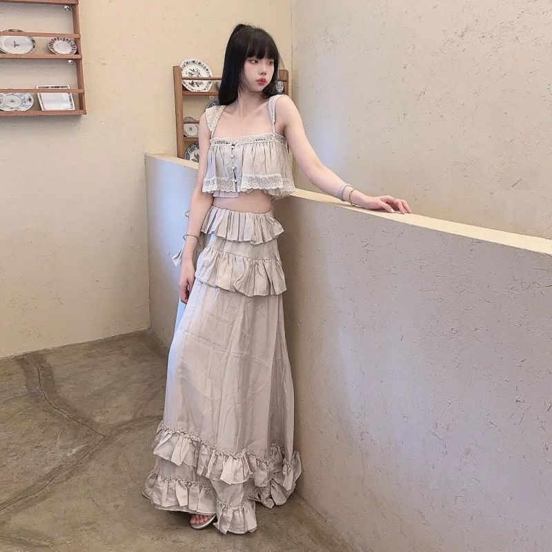 

Lazy style elegant two-piece set women's sleeveless lace patchwork pleated design shorts style top high waisted long skirt