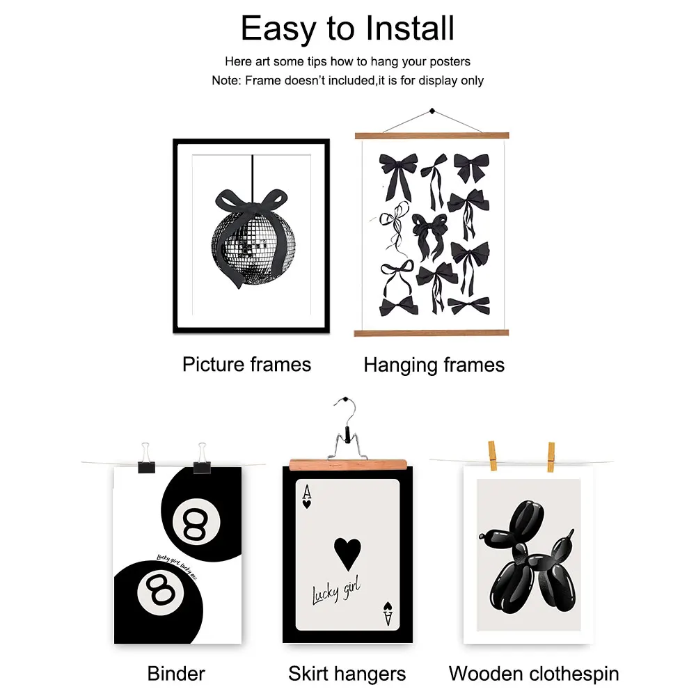 مجموعة من 6 أقواس بيضاء سوداء غير مؤطرة ديسكو الكرة Preppy الفن العصرية المشارك Coquette جرلي غرفة ديكور غير تقليدي اللوحة قماش طباعة #6