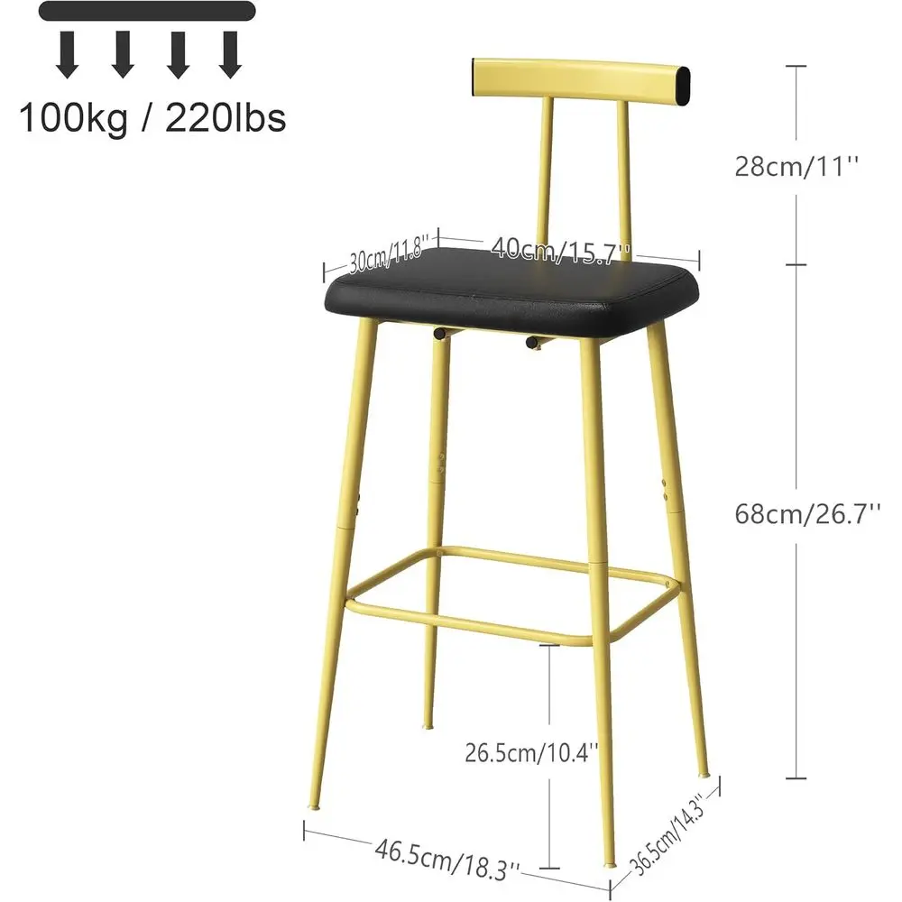 Pair of Counter Height Bar Stools with Backrest, Footrest, and PU Leather Cushion, Gold Industrial Style for Kitchen, Dining, Ba