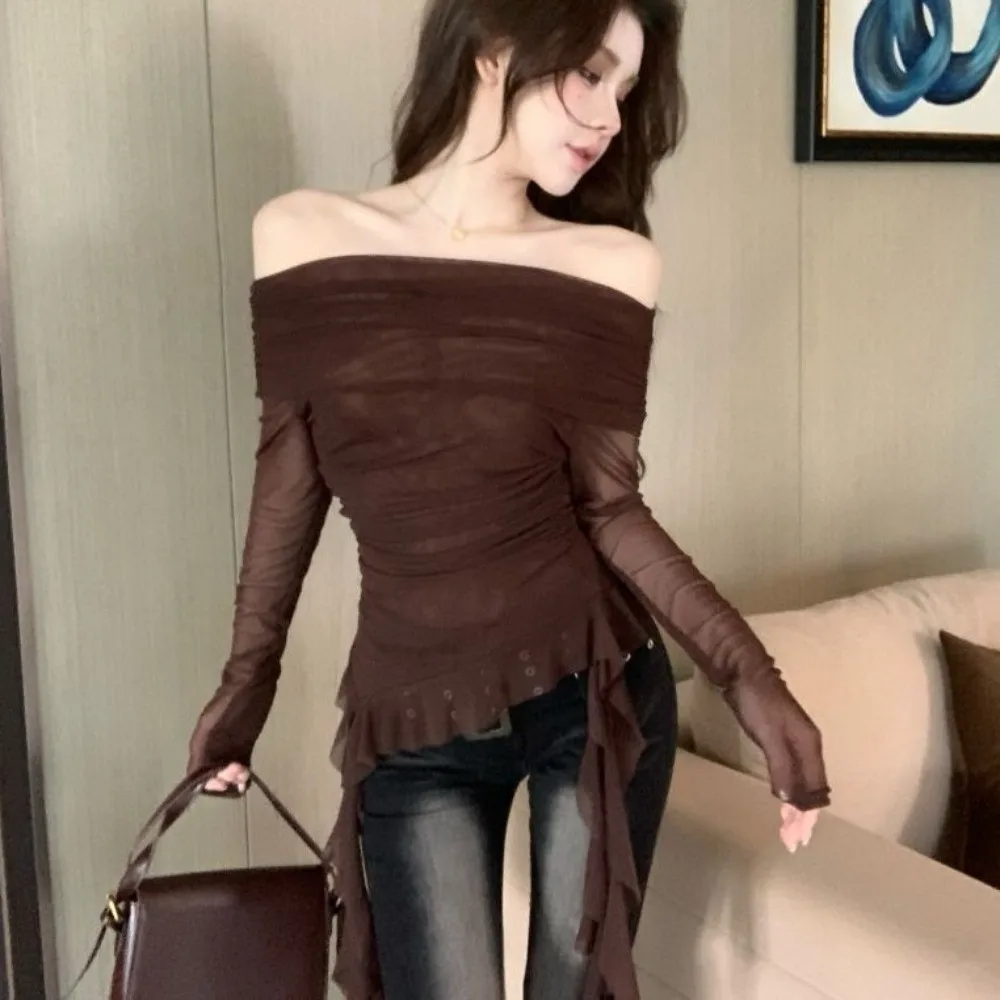 

Streetwear Jellyfish Mesh Belt T-Shirt Korean Y2K Ins Elf Long Sleeve Slim Fit Crop Tops Irregular Off Shoulder Collar