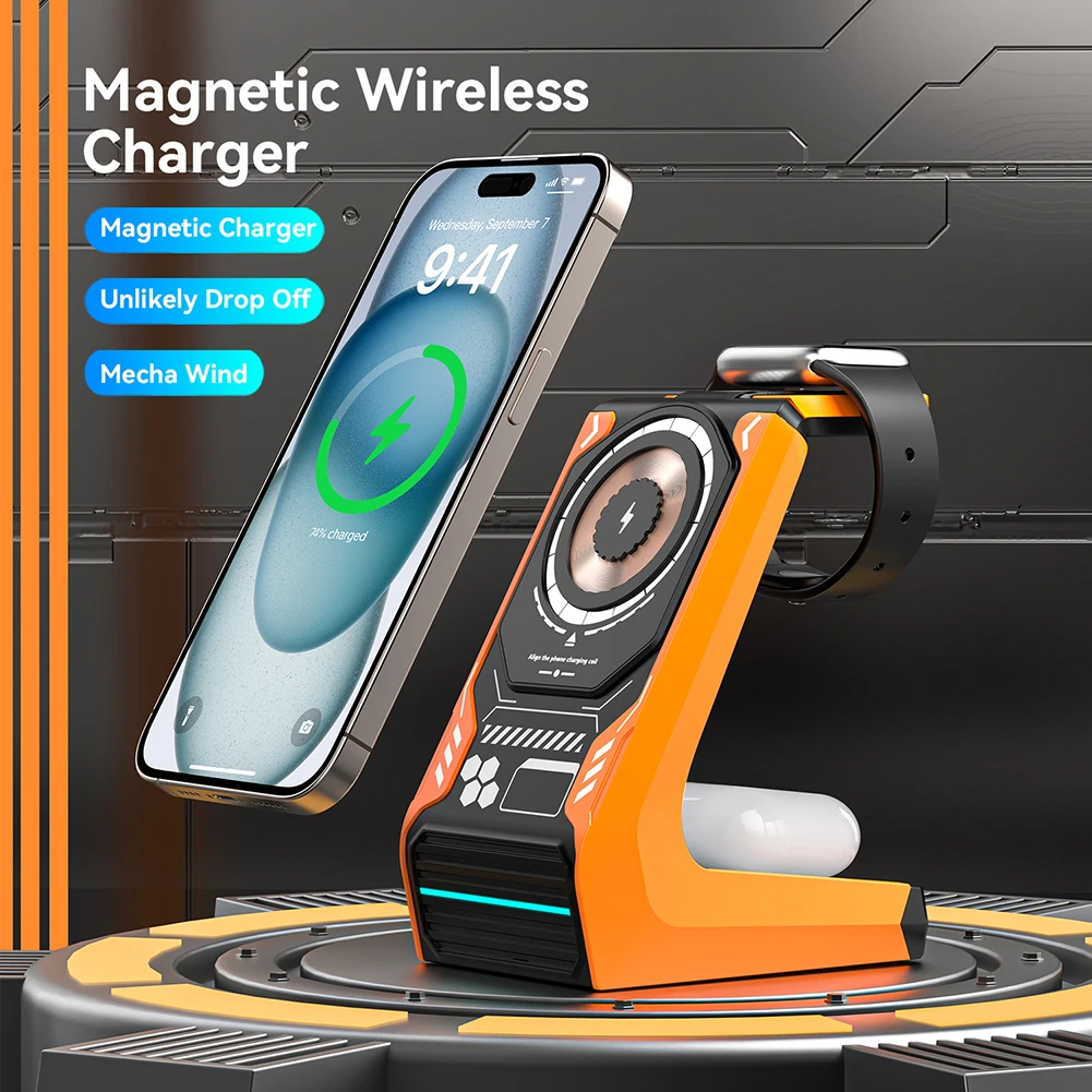 MagSafe Wireless Charging Multi Function Phone Holder 3 In 1 For iPhone Smartphone Support Air Pods Apple iWatch Mecha Style