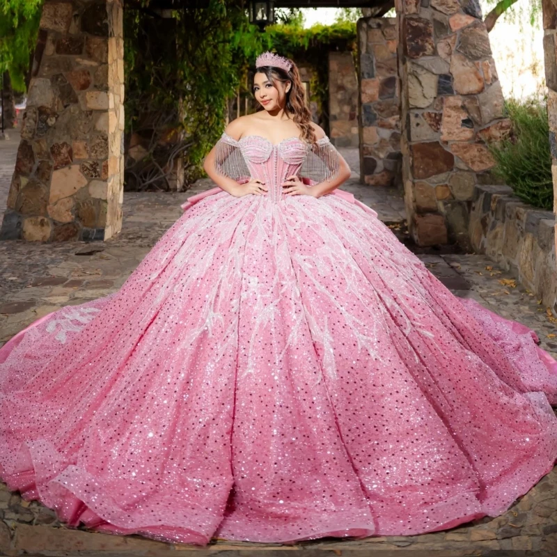 

Pink Shiny Quinceanera Dresses Ball Gown Off The Shoulder Sequin Applique Beading Crystal Bow Tull Corset Party Birthday Sweet