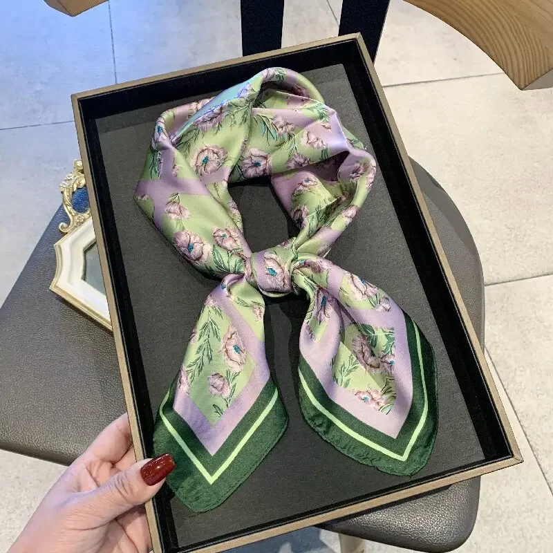 

Spring Square Scarf Green Floral Print Polyester Chiffon Breathable Skin Wrap Boho Chic Women Gift