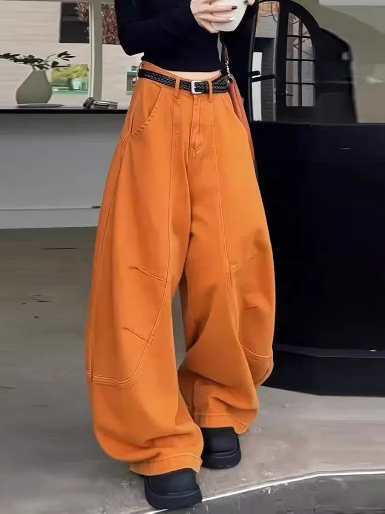 

2025 трендовый стиль Y2K в стиле пэчворк, оранжевые повседневные мешковатые женские джинсы, брюки, женская одежда, широкие хлопковые длинные брюки, Ropa Mujer