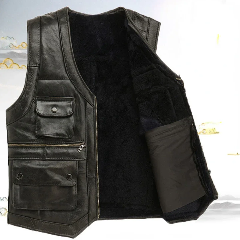 Mens Luxury Full Sheepskin Leather Gilet Motorcycle Vest Coat Warm Fleece Sleeveless Jacket Fashion V-Neck Waistcoat E220