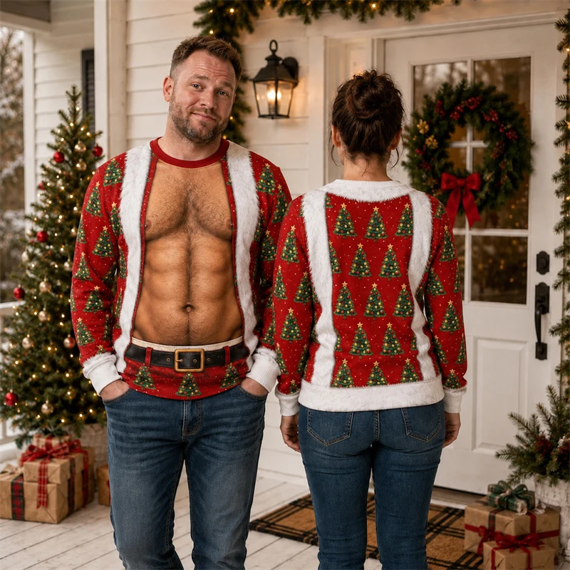 Merry Christmas Fake Muscle Chest 3D Print Christmas Sweatshirt for men funny Graphic Design Unisex Novelty Xmas Party Sweater