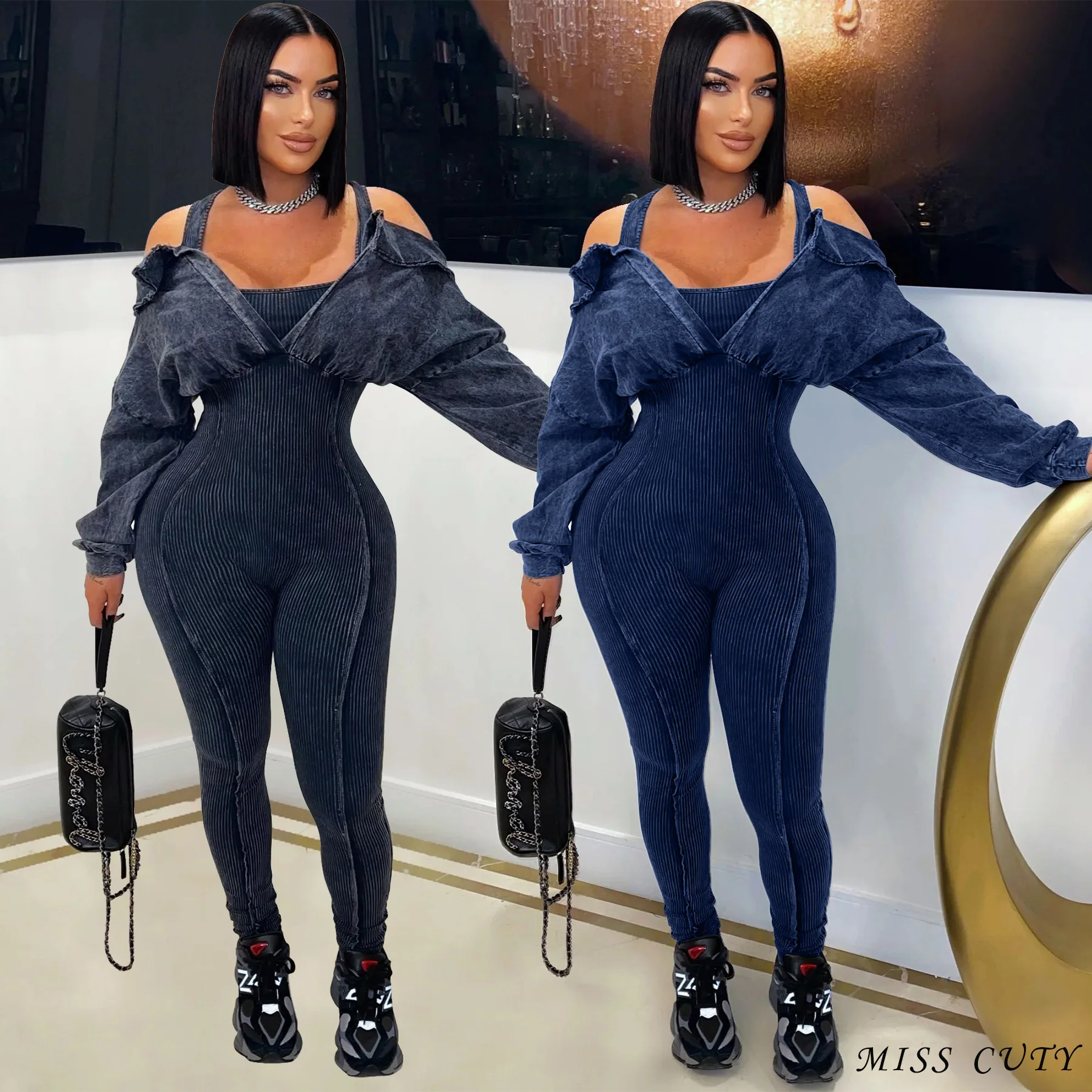 Sexy Ribbed Distressed Jumpsuits One Piece Outfits 2024 Women Fall Romper Club Elegant Bodycon Luxury Off Shoulder Jumpsuits