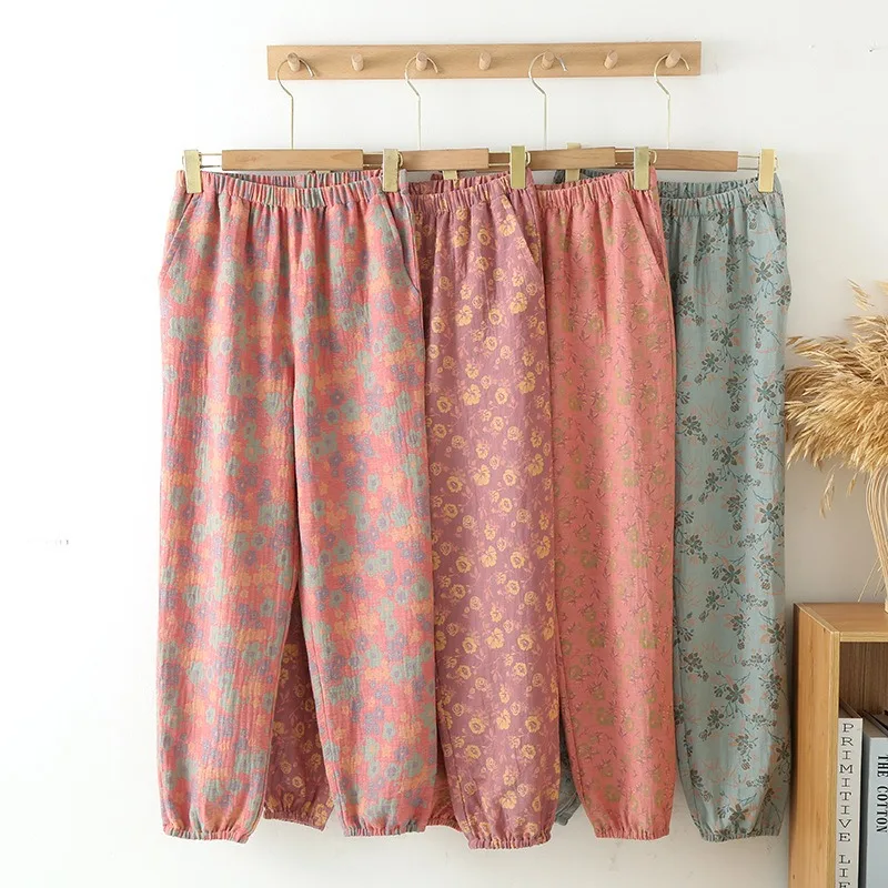 Autumn Yarn-dyed Jacquard Cotton Home Pants Simple Breathable Women\'s Pajama Pants Elastic Waist Print Sleep Bottoms Lounge Wear