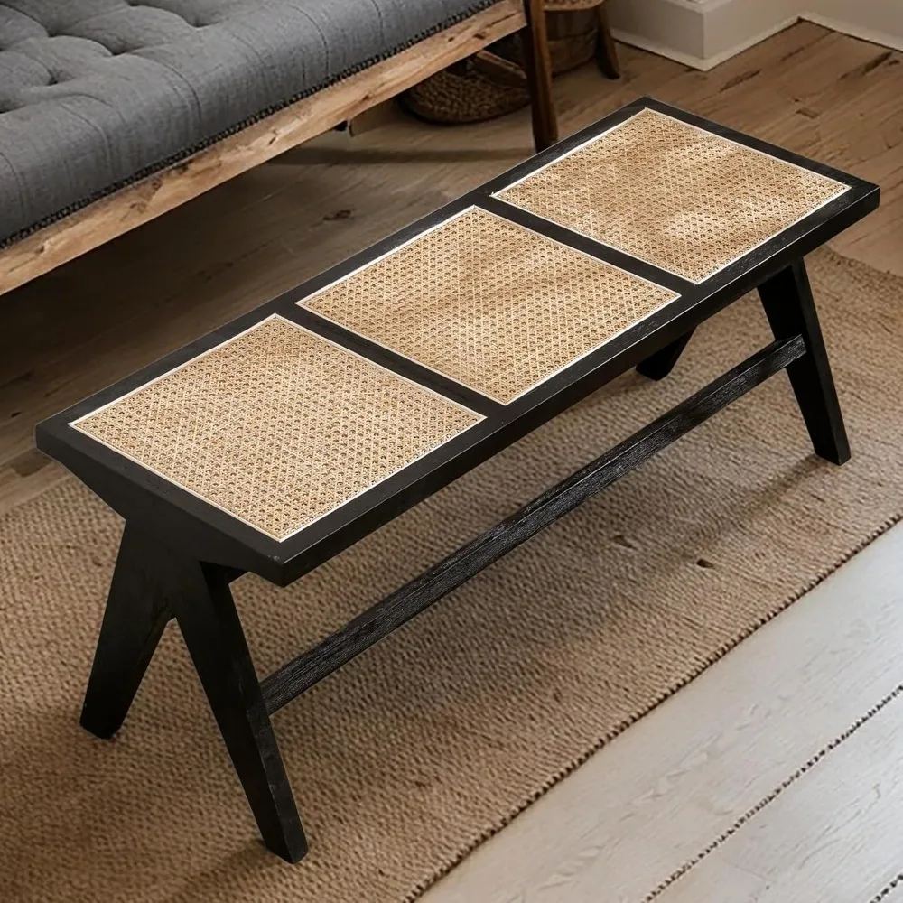 45-дюймовая черная скамейка из ротанга для прихожей, плетеное дерево и трость, конец кровати, скамейка, деревянная обеденная скамейка в фермерском доме с подставкой для ног