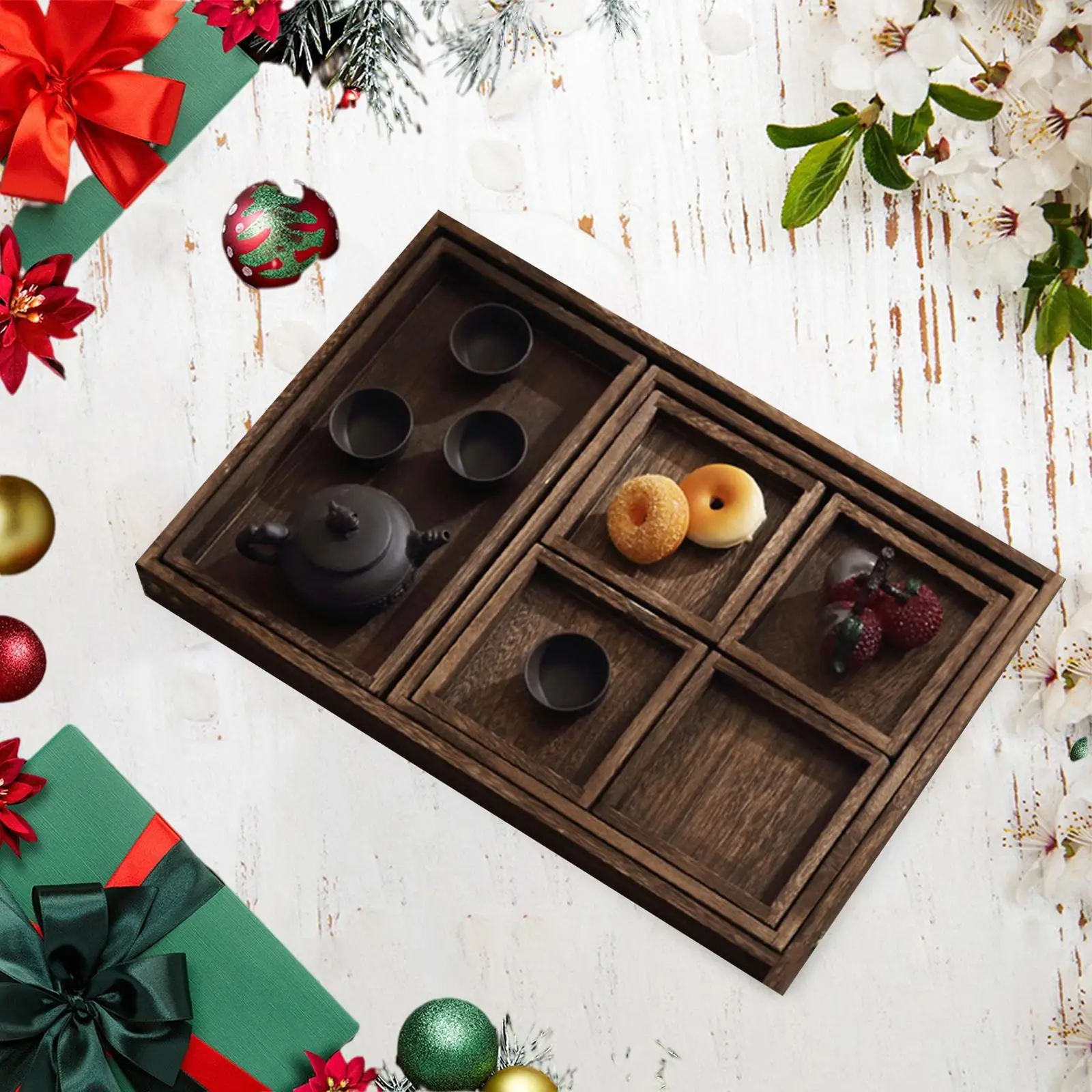 Wooden Serving Tray Nesting Food Tray Decorative Tray Nesting Multipurpose Tray for Bread Salads Snacks Centerpiece Bathroom