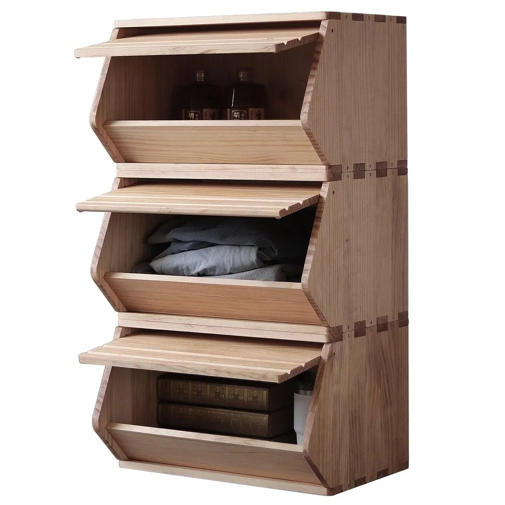 Stackable Solid Wood Storage Chests Modular Bins with Lids 19.5