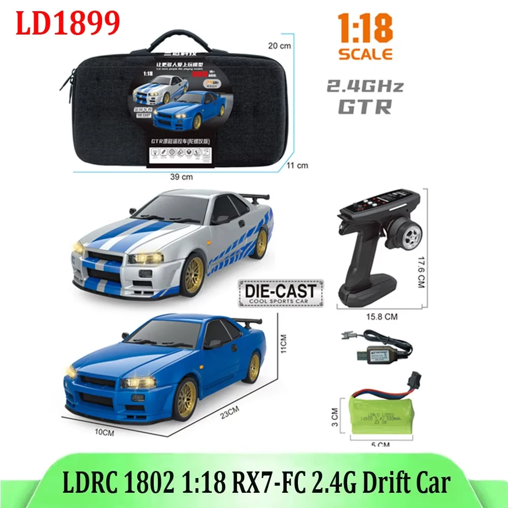 LDRC 1899 1/18 RC Drift Car LD1899 GTR Mode R34 2,4 GHz RWD con giroscopio en carretera aleación cuerpo Shell coche de carreras para niños regalos
