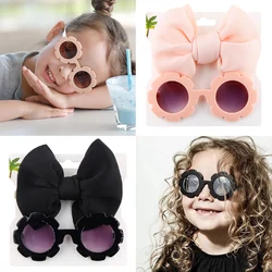 2Pcs/Set Puff Bow Baby Headband Sunglasses Matte Flower UV400 Sun Glasses Eye Wear Elastic Nylon Hair Bands Seaside Headdress