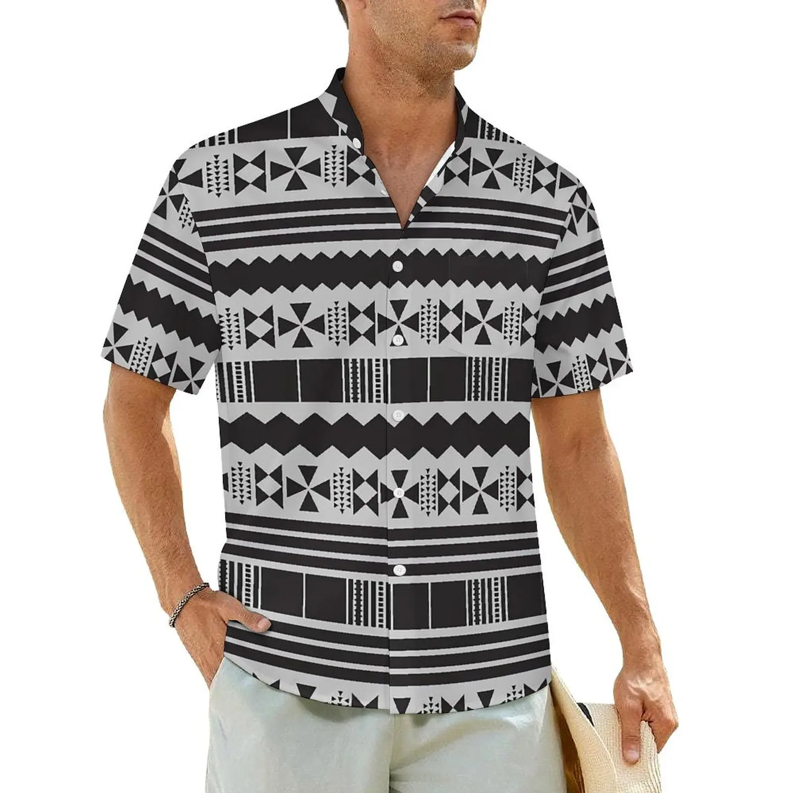 

Abstract Ethnic Aztec Casual Shirt Black White Vintage Hawaii Shirts Mens Short Sleeves Beach Stylish Graphic Oversize Blouses