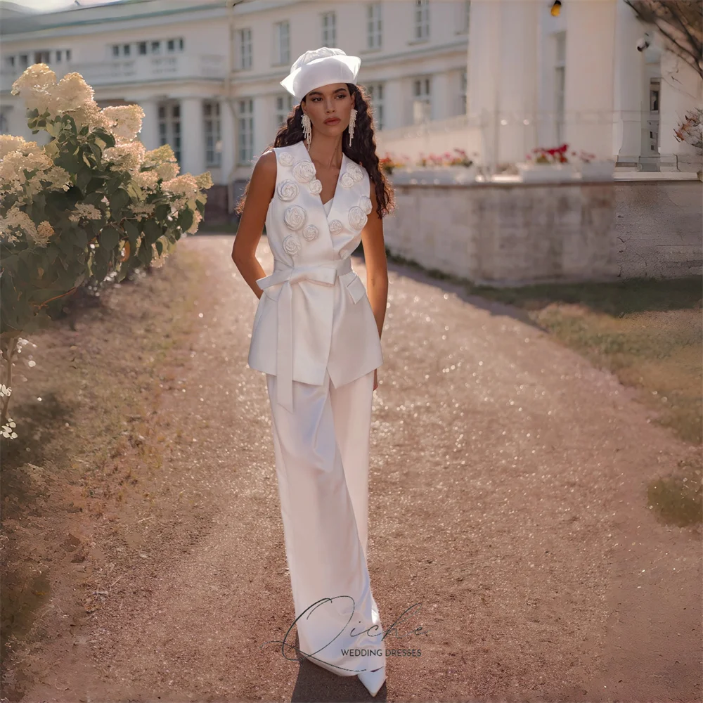 QICHE elegante mono De boda De flores para mujer 2026 con cuello en V De dos piezas sin mangas cinturón De satén Vestido De fiesta Vestido De Novia personalizado