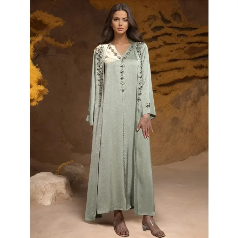 Muzułmańska sukienka damska Hijab 2-częściowy zestaw Eid Lantern Sleeve Maxi Long Dress Islamska odzież Caftan Kimono Big Swing Abaya Dresses