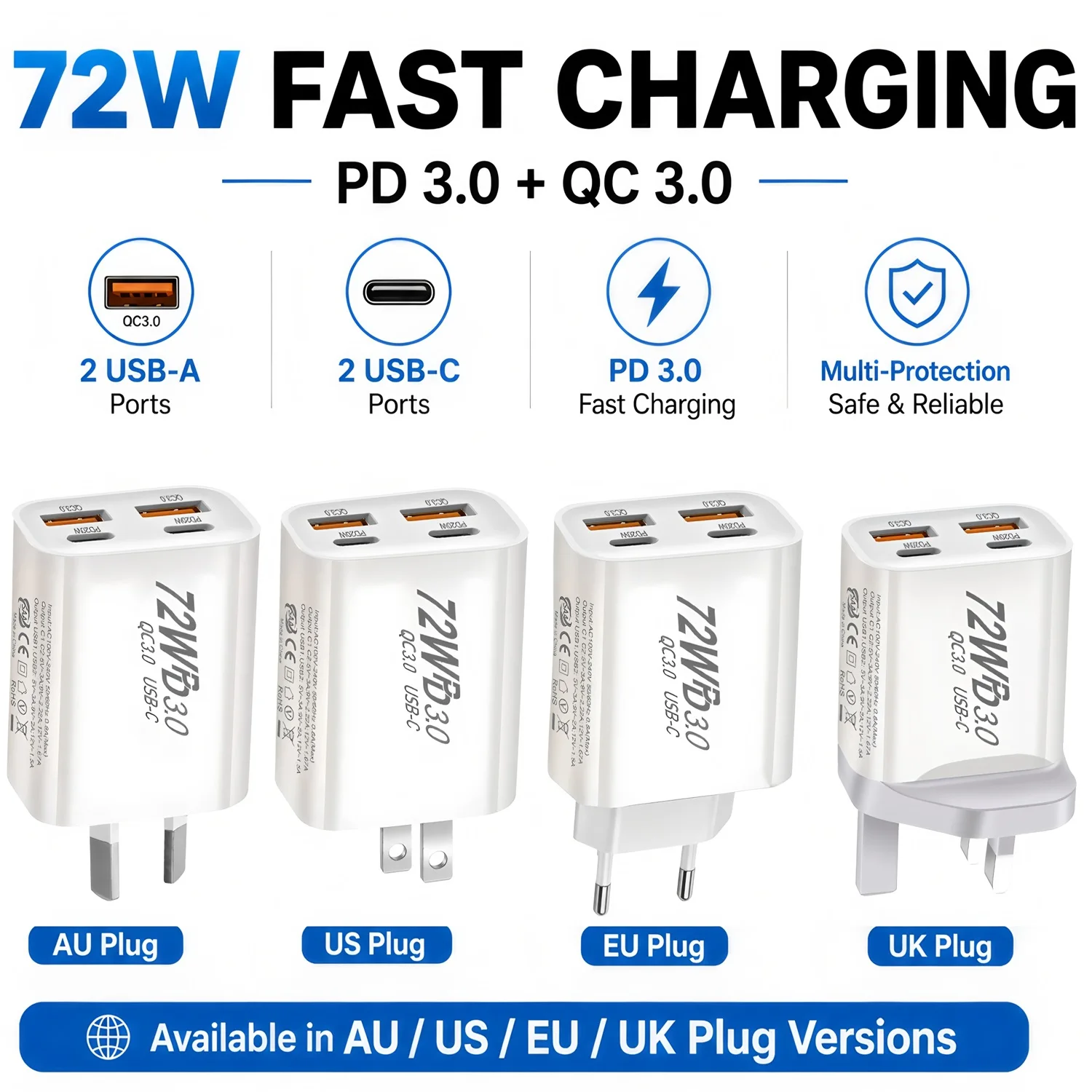 72W Multi-Port Fast Charging Adapter Dual USB-A Type C PD Wall Charger Compact Universal Power Adapter for Xiaomi Huawei iPhone