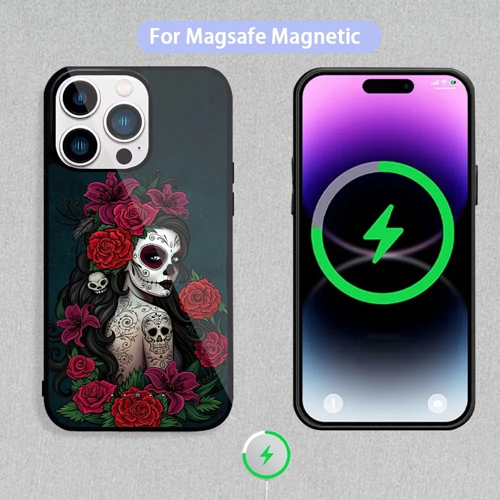 Mexican Catrina Skull Girl Phone Case For Magnetic Inductive Charging iPhone 11 12 13 14 15 Max Pro Mini Plus Shell