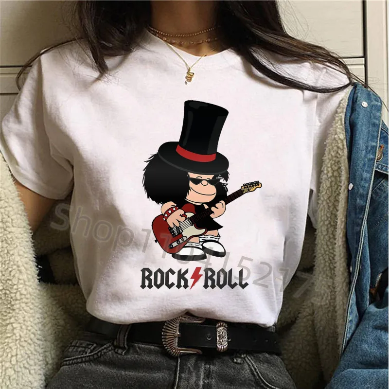 Rock Roll Mafalda tshirt Funny Printed Cartoon Women's Clothing Fashion tops shirts Summer Casual Oversized Teen Clothes Tees