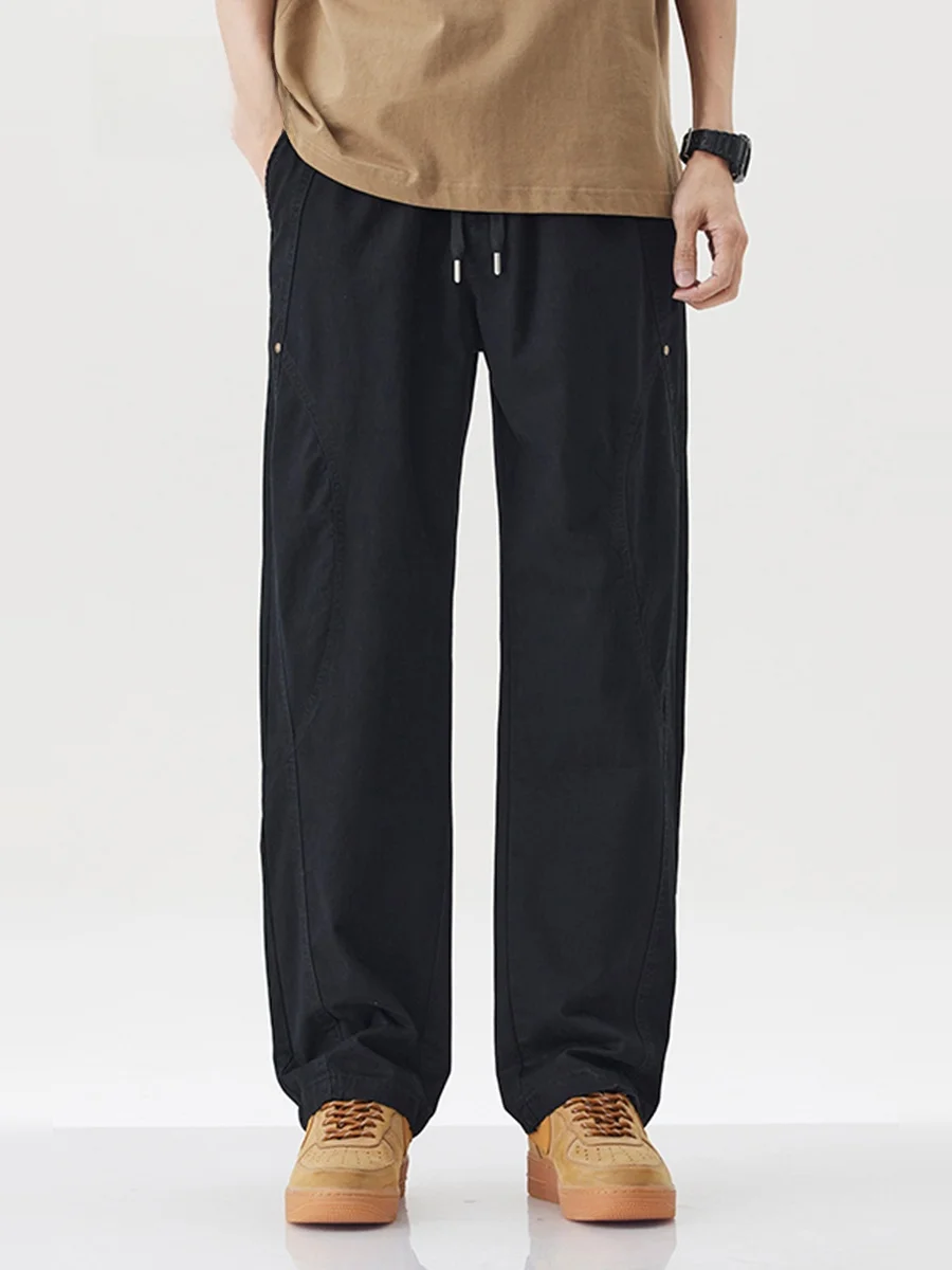 

JFU Spring New American Retro Straight Leg Casual Pants Men Loose Large Size Elastic Waist Bla Long Pants Youth Vitali Sle