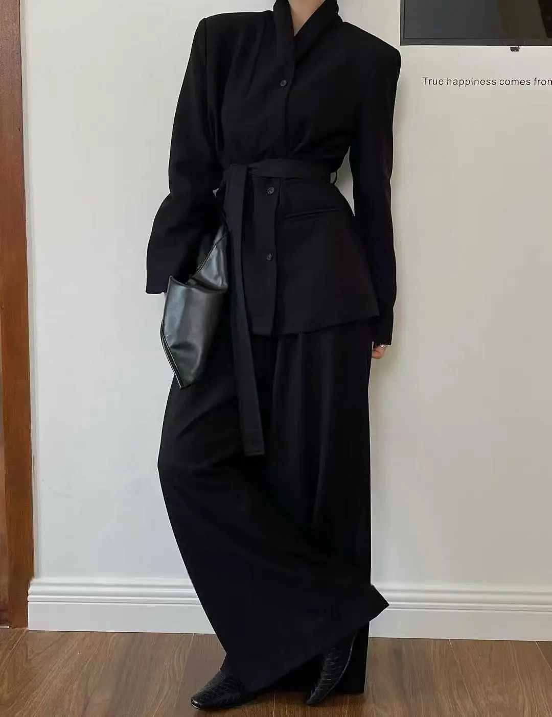 BJTZ الدانتيل متابعة التعادل الخصر سترة مجموعة للمرأة 2025 الخريف جديد واحدة الصدر معطف و عالية الخصر بنطال ذو قصة أرجل واسعة قطعتين مجموعة