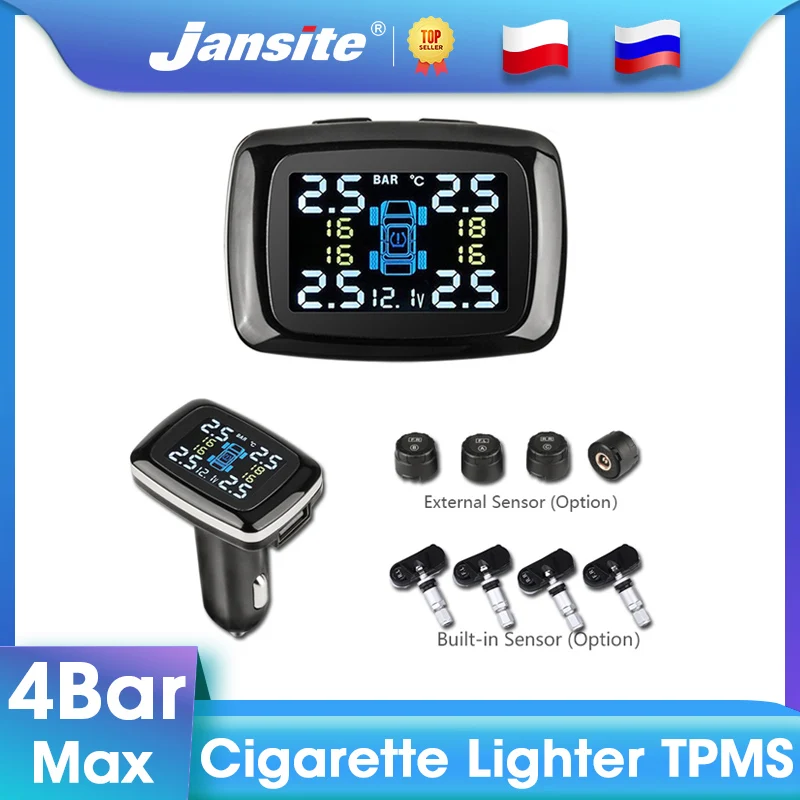 Jansite 자동차 TPMS 타이어 압력 모니터링 시스템 센서, 담배 라이터, USB 포트, TPMS 제어 시스템, 자동 보안 경보 