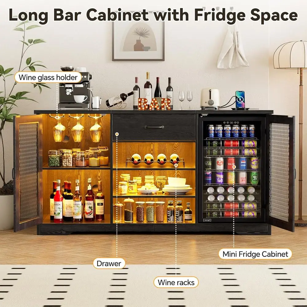 LED-beleuchteter Ridge Space Bar-Schrank mit Ladestation und Schubladenaufbewahrung in Schwarz