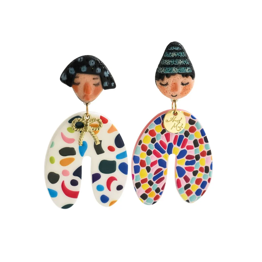Acrylic Colourful Dangle Earrings Dots Ethnic Style Cartoon Indian Earrings Ear Jewelry Asymmetrical Portraits Earrings Girls