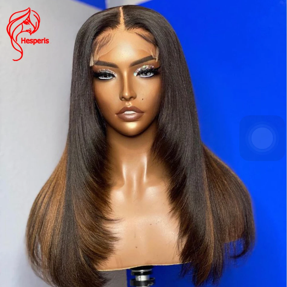 Hesperis Light Yaki Straight Lace Front Wig Highlight 13x6 Lace Frontal Human Hair Wigs Layered Bob Cut For Women Remy Brazilian