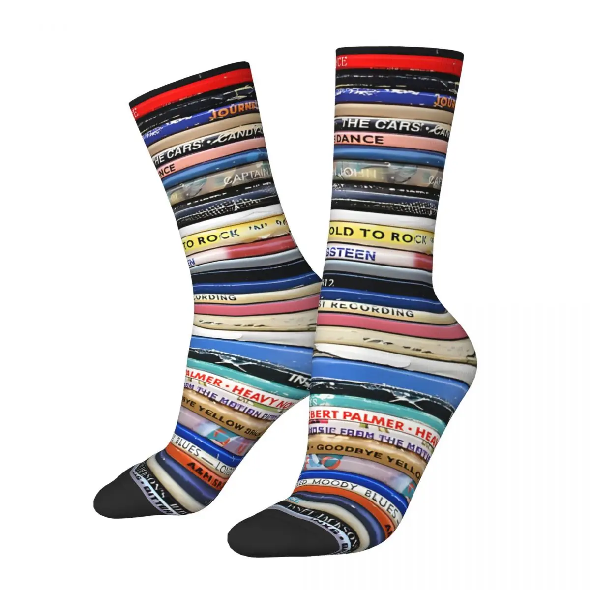 Funny Happy Sock for Men Vintage Record Album Spines Hip Hop Quality Pattern Printed Crew Sock Seamless Gift