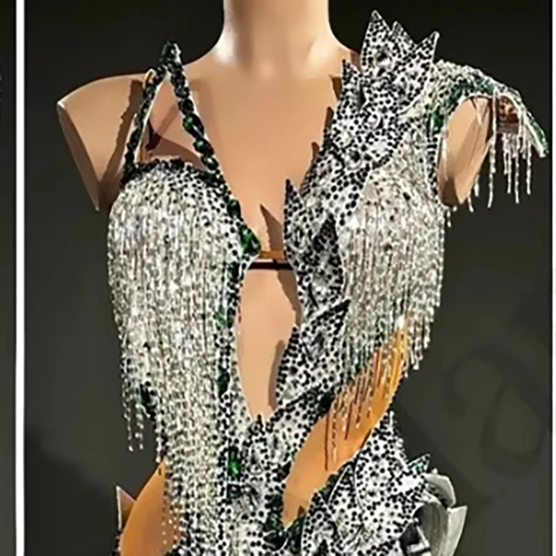 

Latin Dance Costume Rhinestone Women's High-end Custom Silver Hot Stamping Gold Bead Tube Samba Dance Dress Performance Dress