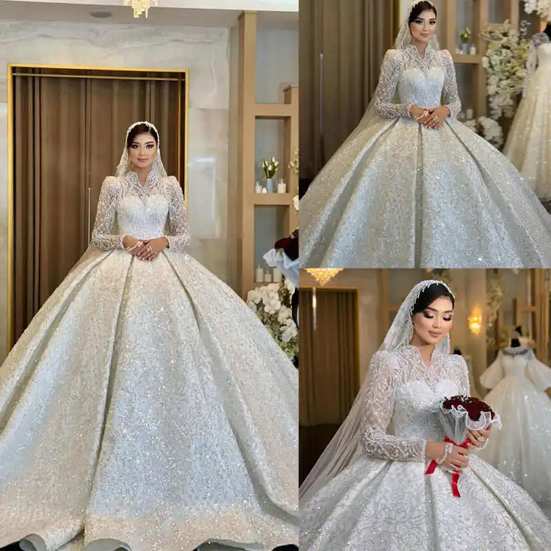 

Gorgeous Ball Gown Wedding Dress Sequins Pearls Bridal Gowns High Neck Long Sleeves Sweep Train Dresses Customized vestidos